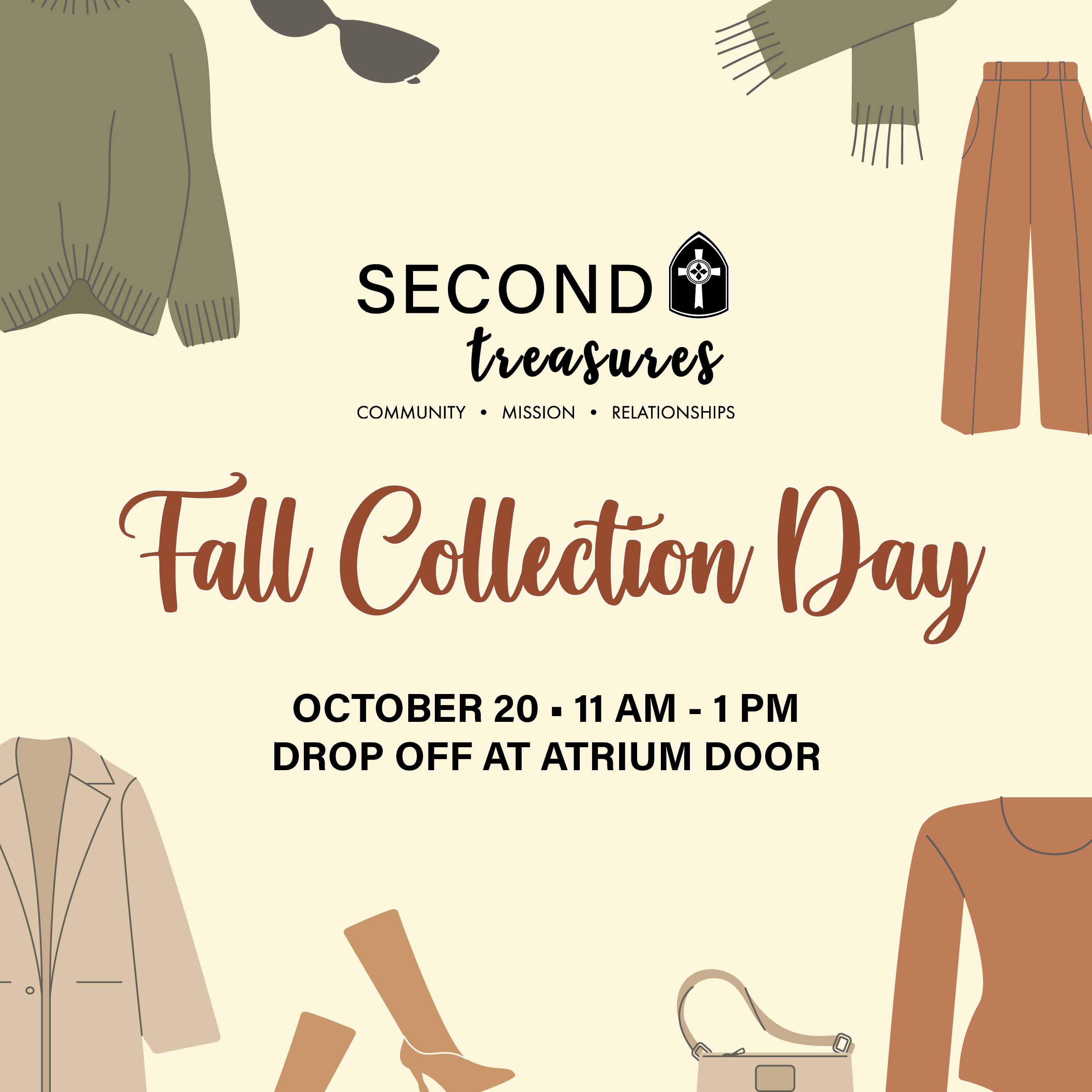 Second Treasures Fall Collection Day
October 20, 11 AM – 1 PM, Drive-through drop off
Drop off fall clothing, shoes, & accessories to support the Second Treasures Thrift Store.
